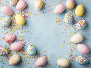 Fototapeta na wymiar Top view photo of yellow pink blue easter eggs and sprinkles on isolated pastel blue background with blank space in the middle