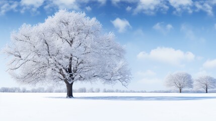 a snowy landscape with three trees in the foreground and a blue sky with white clouds in the back ground.
