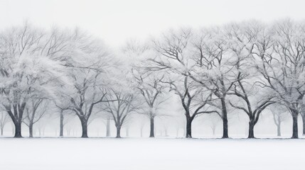 a group of trees that are standing in the snow in front of a field with snow on the ground and snow on the ground.