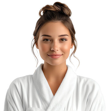 A calm portrait photo of a brunette female masseuse on a transparent background. A soothing female therapist in a white robe on a transparent background
