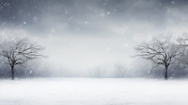 A Snowy Landscape With Two Trees In The Foreground And A Dark Sky In The Background, With Snow Falling On The Ground.