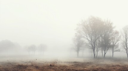 a foggy field with trees in the foreground and a field of dead grass in the foreground on a foggy day.
