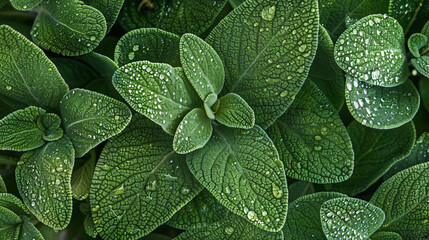 Fototapeta premium Sage leaves covered in delicate morning dew.
