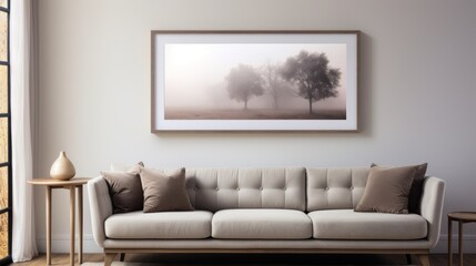a living room with a couch, table and a picture hanging on the wall above the couch is a picture of two trees on a foggy day.