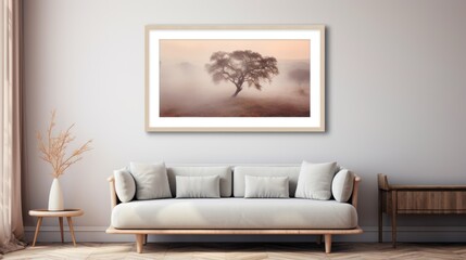 a living room with a couch, coffee table and a painting on the wall of a tree in the fog.