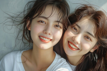 Asian women wearing white t-shirt smile having a good time together