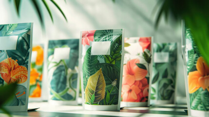  A tea packaging design where triangular facets merge into illustrations of tea leaves and flowers - obrazy, fototapety, plakaty