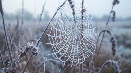 a close up of a spider web in a field of grass with dew on the spider web in the foreground.