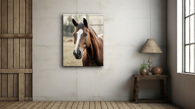 a picture of a horse hanging on a wall in a room with a wooden floor and a table with a lamp on it.
