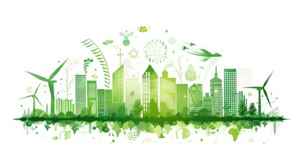 a green city skyline with wind turbines and birds flying over the top of the buildings and trees in the foreground.