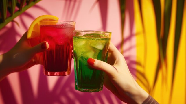 a close up of two people holding glasses with drinks in front of a pink and yellow wall with palm leaves.