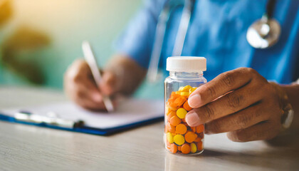 Hand writing prescription with pill bottle in focus against clean wall backdrop