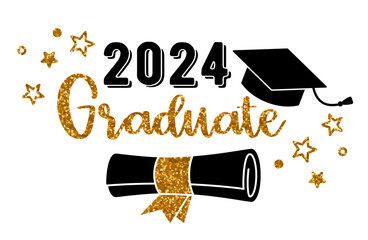 2024 Graduate . Trendy calligraphy golden glitter inscription with black hat - 744716710