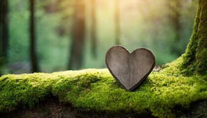 wooden heart on moss in forest cemetery, symbolizing natural burial and tranquility. Funeral background concept - obrazy, fototapety, plakaty