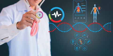 Doctor using stethoscope to check heartbeat at hospital Patient staff must undergo a yearly health check-up or check-up from a cardiologist.