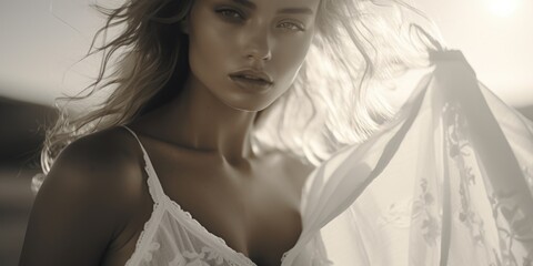 A woman in a white dress posing for a picture. Perfect for fashion or portrait photography projects