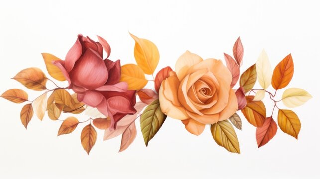 Two roses and leaves painted on a white backdrop, suitable for various design projects