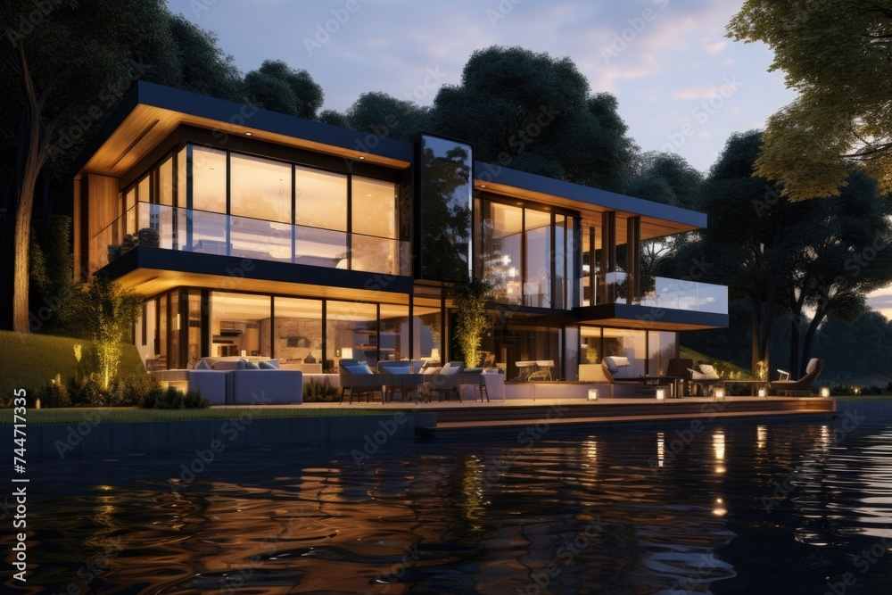 Poster a large modern house situated on top of a peaceful lake. ideal for real estate and architecture conc