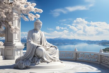 White Buddha in the Sky A Serene Sight over Greek Architecture and Blue Lake - obrazy, fototapety, plakaty