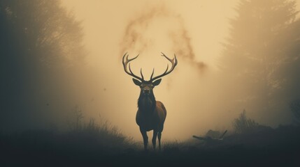 A deer standing in a foggy forest. Suitable for nature and wildlife concepts