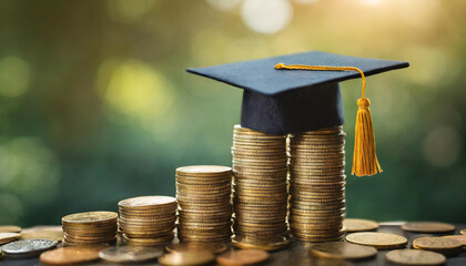 Graduation cap atop growing coins symbolizes student debt payment and financial planning