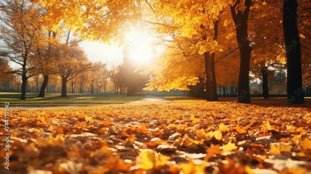 Poster Sunlight filtering through trees in a park, ideal for nature concepts