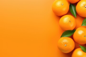 Fresh oranges with leaves on a vibrant orange background. Perfect for food and beverage concepts