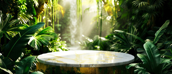 White marble platform, podium, with golden texture, shimmer, steam, on jungle tropical leaves background. Mock up, display for product presentation. Lights, shadows effect. Generative AI