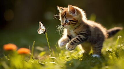 Fototapeta premium Cute Kitten Assassin Chases Butterfly Adorable Feline Fun