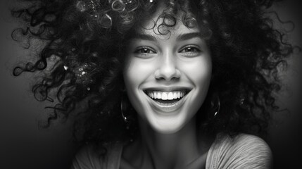 A woman with curly hair smiling for the camera. Perfect for lifestyle and beauty concepts