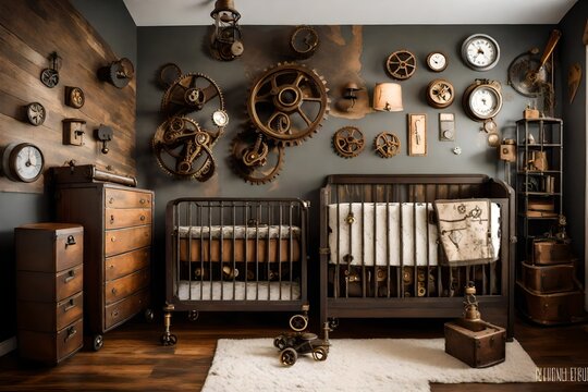 A steampunk-inspired baby nursery with gear decor, vintage elements, and a touch of industrial charm. A unique and imaginative space for a little adventurer