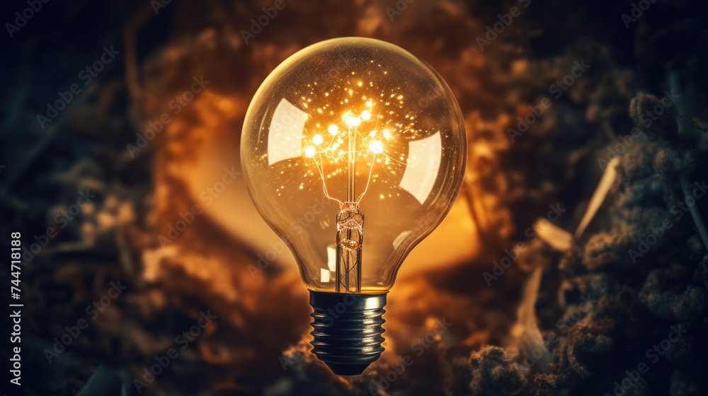 Poster a glowing light bulb resting on a pile of leaves. ideal for environmental concepts