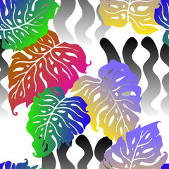 Monstera leaves decorative seamless pattern for textile design, fabric print, digital or wrapping paper, wallpaper, background and backdrop, decoration. Tropical summer holiday theme.