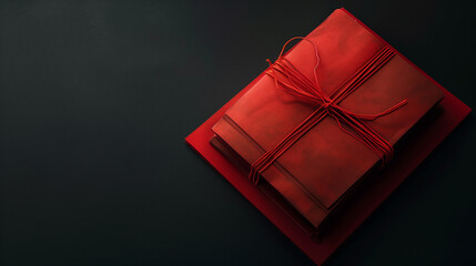 Red gift box with ribbon on black background. Top view with copy space