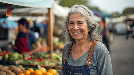 Portrait of smiling senior saleswoman at local street farmers market - obrazy, fototapety, plakaty