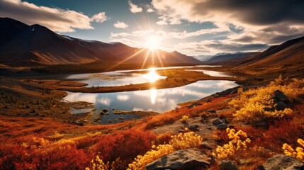 the sun shines brightly over a lake surrounded by mountains and grass in the foreground is a grassy field with yellow and red flowers in the foreground.