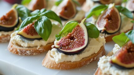 a close up of a plate of food with figs on top of bread and leaves on top of it.