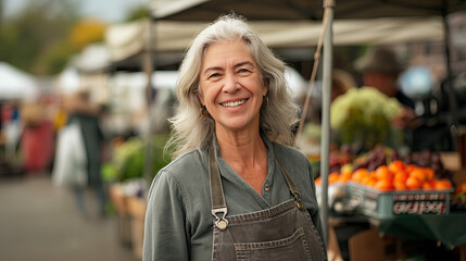 Portrait of smiling senior saleswoman at local street farmers market - obrazy, fototapety, plakaty