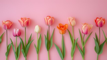 a row of pink and orange tulips on a pink background with green stems on each side of the row.