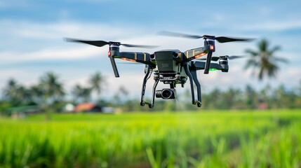 Modern agricultural technology  drone spraying pesticides on lush green farm fields