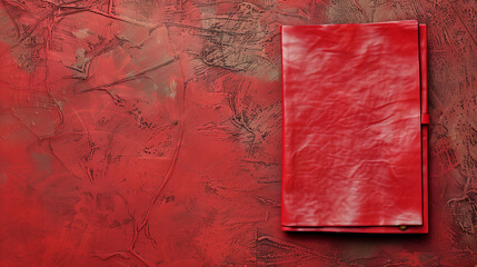 Red leather notebook on a textured background with space for text.