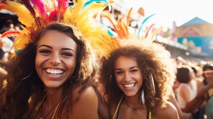 Joyful Brazilian Carnival Dance with Two BrownHaired Females - obrazy, fototapety, plakaty