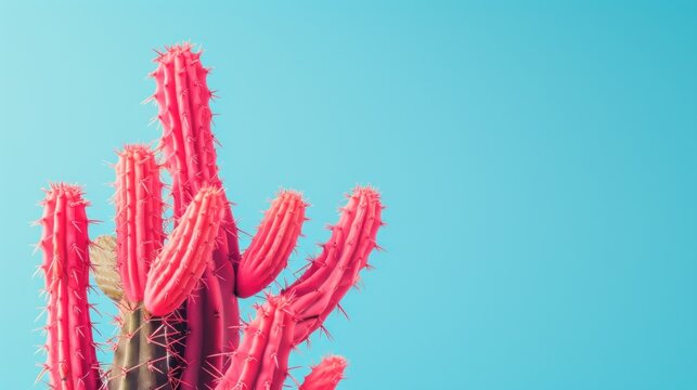 a close up of a pink cactus with a blue sky in the backgrounnd of the image is a photograph of a pink cactus with a blue sky in the background.