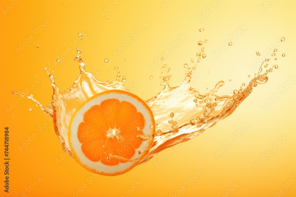 Poster Orange slice dropping into clear water. Perfect for refreshing summer beverage concepts