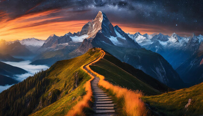 orange path amidst darkness, leading to mountain top at midnight