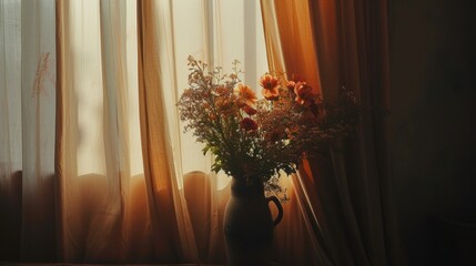 a vase filled with lots of flowers sitting next to a window covered in sheer drapes with a curtain behind it.