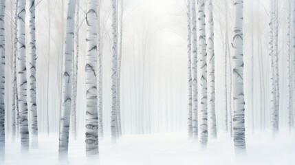 a group of trees that are standing in the snow in front of a foggy forest filled with lots of trees.
