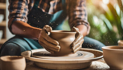 woman's hands shaping clay on pottery wheel, embodying creativity and artisanal craftsmanship
 - obrazy, fototapety, plakaty