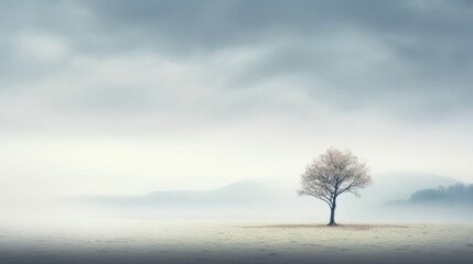 a lone tree stands alone in the middle of a field on a foggy day with mountains in the distance.