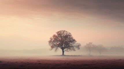 a foggy field with a lone tree in the foreground and a single tree in the distance on a foggy day.